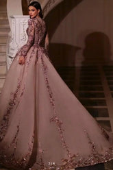 Luxury Pink Glitter Long Sleeves V-Neck Beaded Embroidery Floor-Length Tulle Prom Evening Dresses With Rhinestone